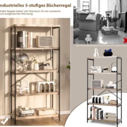 Bücherregal mit 5 Ebenen & Metallrahmen & Industrie-Design Standregal Büroregal Grau