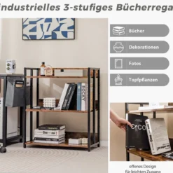 Bücherregal mit 3 Ebenen Standregal mit verstellbaren Regalböden und Metallrahmen 70 x 35 x 81 cm Grau/Rustikales Braun