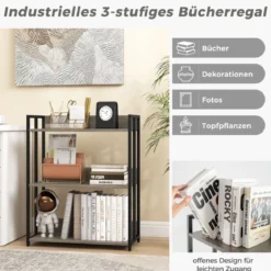 Bücherregal mit 3 Ebenen Standregal mit verstellbaren Regalböden und Metallrahmen 70 x 35 x 81 cm Grau/Rustikales Braun