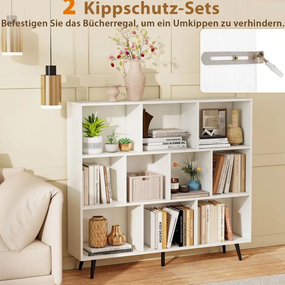 Bücherregal mit Fächern Standregal mit 3 Ebenen & Holzbeine Würfelregal Büroregal 120 cm