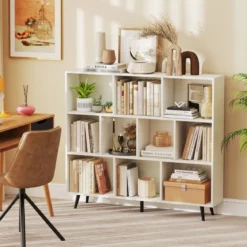Bücherregal mit Fächern Standregal mit 3 Ebenen & Holzbeine Würfelregal Büroregal 120 cm