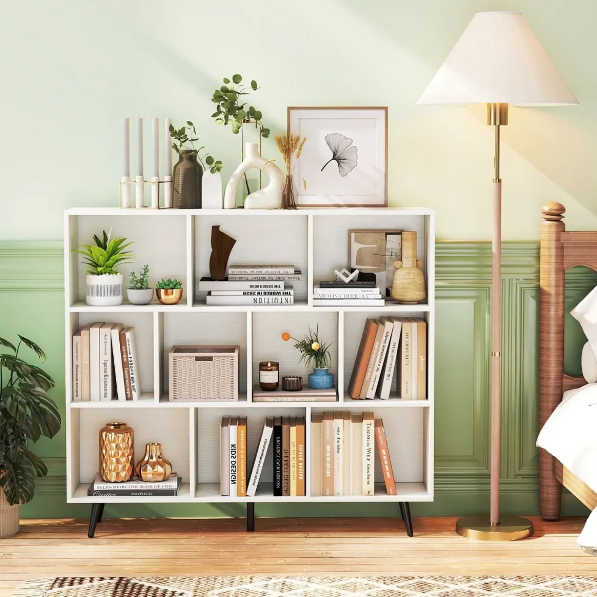 Bücherregal mit Fächern Standregal mit 3 Ebenen & Holzbeine Würfelregal Büroregal 120 cm