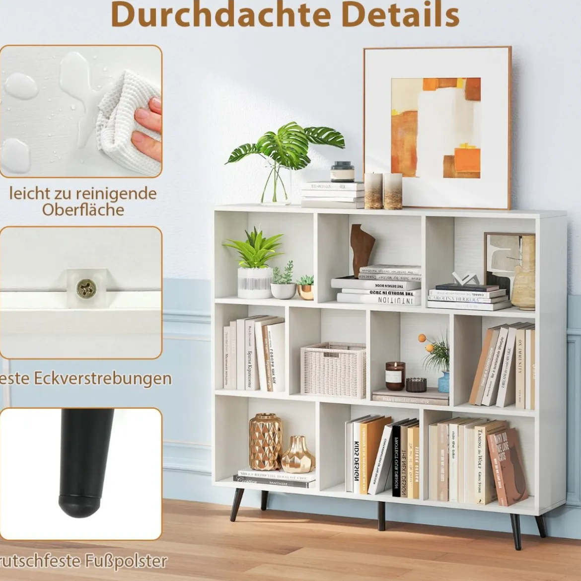 Bücherregal mit Fächern Standregal mit 3 Ebenen & Holzbeine Würfelregal Büroregal 120 cm