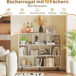 Bücherregal mit Fächern Standregal mit 3 Ebenen & Holzbeine Würfelregal Büroregal 120 cm