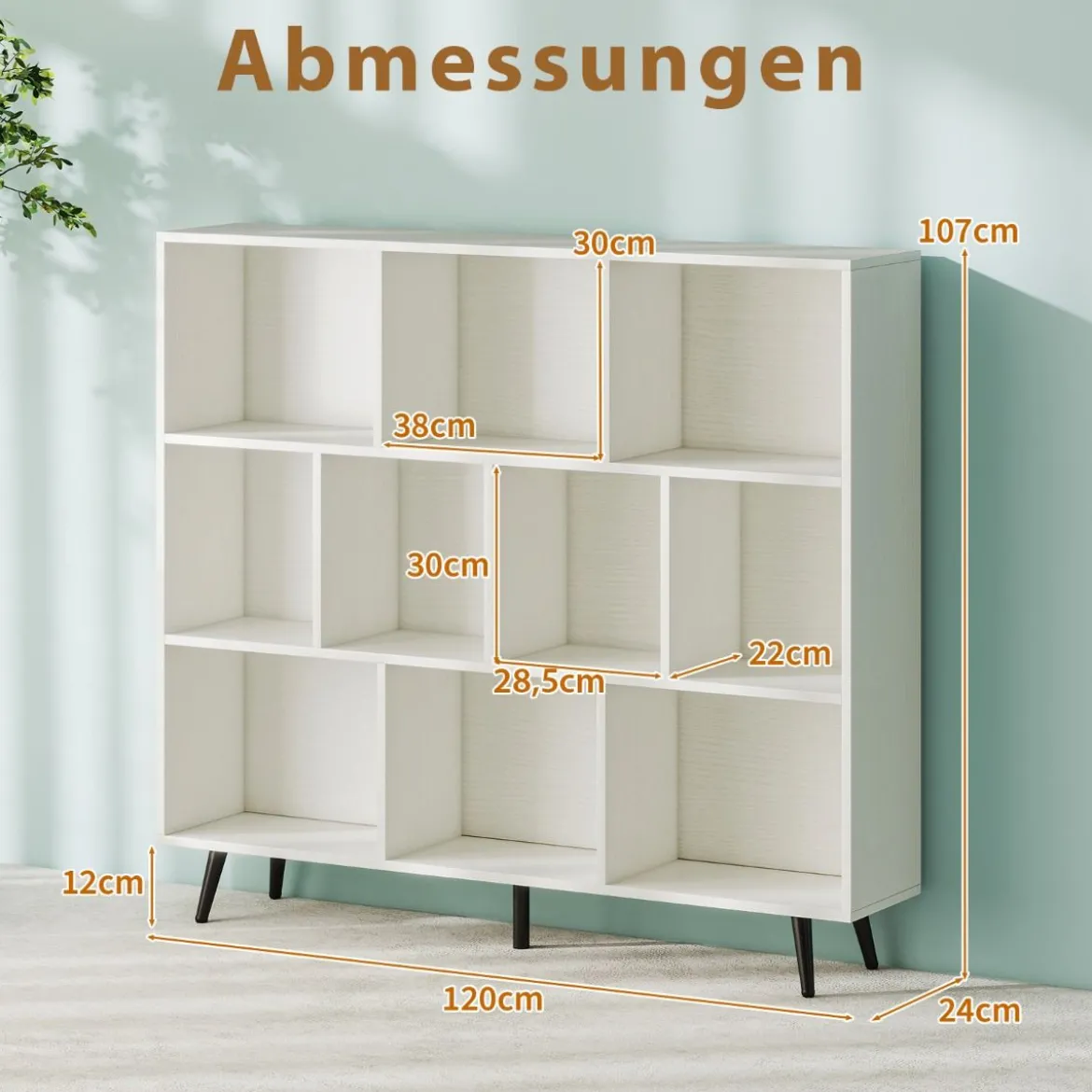 Bücherregal mit Fächern Standregal mit 3 Ebenen & Holzbeine Würfelregal Büroregal 120 cm