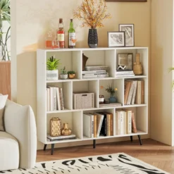 Bücherregal mit Fächern Standregal mit 3 Ebenen & Holzbeine Würfelregal Büroregal 120 cm