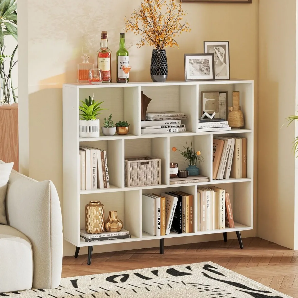 Bücherregal mit Fächern Standregal mit 3 Ebenen & Holzbeine Würfelregal Büroregal 120 cm