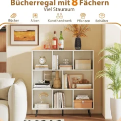 Bücherregal mit Fächern Standregal mit 3 Ebenen & Holzbeine Würfelregal Büroregal 100 cm