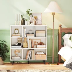 Bücherregal mit Fächern Standregal mit 3 Ebenen & Holzbeine Würfelregal Büroregal 100 cm