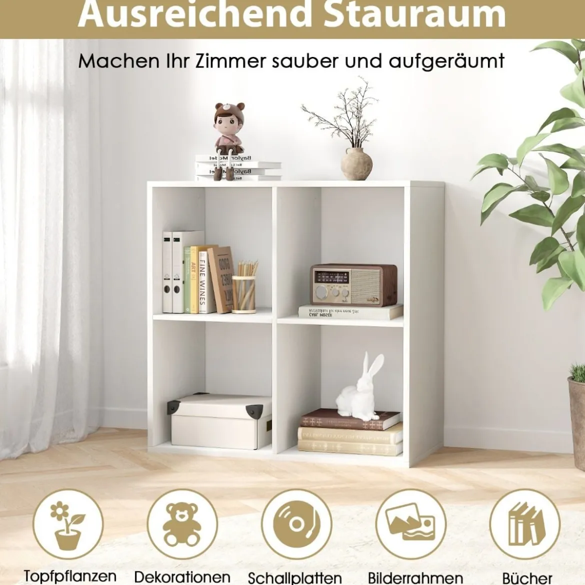 Bücherregal mit 4 Fächern Würfelregal Standregal offenes Regal modern Weiß