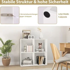 Bücherregal mit 4 Fächern Würfelregal Standregal offenes Regal modern Weiß