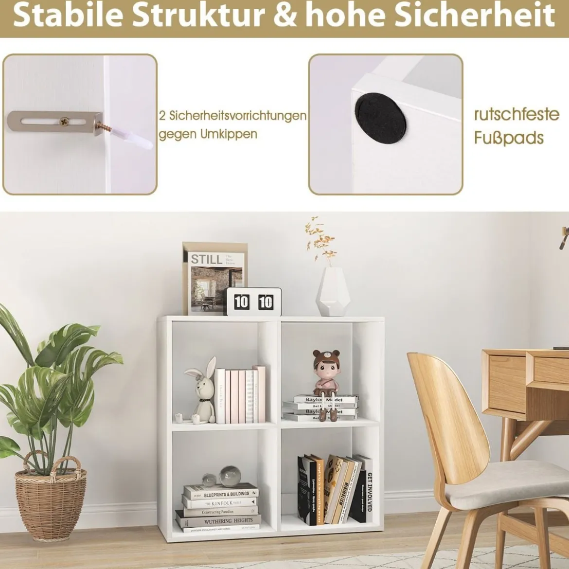 Bücherregal mit 4 Fächern Würfelregal Standregal offenes Regal modern Weiß