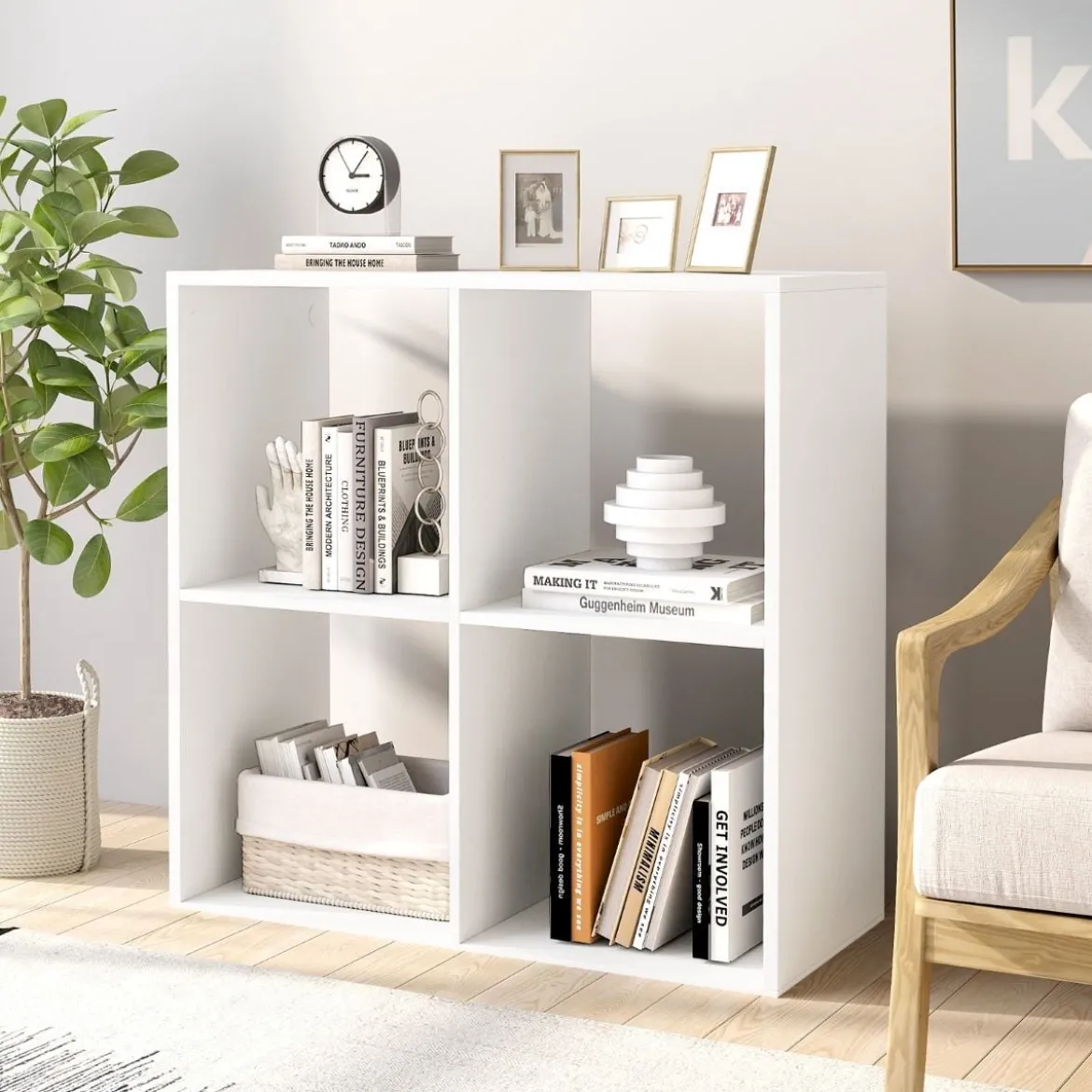 Bücherregal mit 4 Fächern Würfelregal Standregal offenes Regal modern Weiß