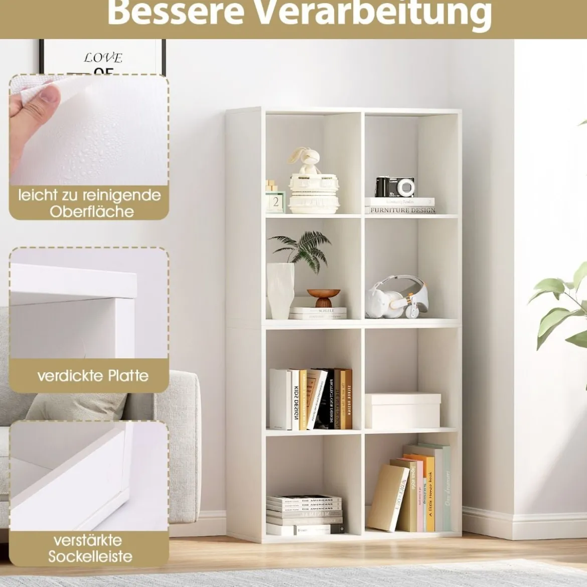 Bücherregal mit 4 Fächern Würfelregal Standregal offenes Regal modern Weiß