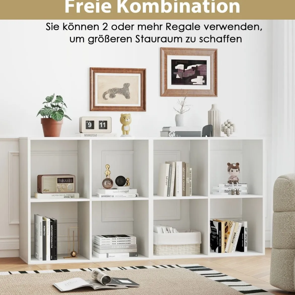 Bücherregal mit 4 Fächern Würfelregal Standregal offenes Regal modern Weiß