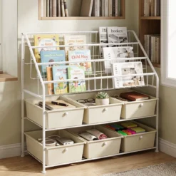 Bücherregal mit Metallrahmen Körben Schubladen & Offenen Regalböden 89 x 36,5 x 87 cm Weiß