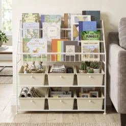 Bücherregal mit Metallrahmen Körben Schubladen & Offenen Regalböden 89 x 36,5 x 87 cm Weiß