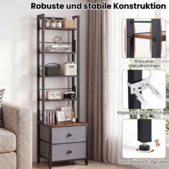 Bücherregal mit Metallrahmen 5 Regalen & 2 Stoffschubladen 40 x 30 x 144 cm Rustikalbraun