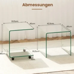 Beistelltisch aus Gehärtetem Glas mit Rollen C-Form Glastisch Nachttisch Sofatisch Kaffeetisch Transparent