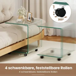 Beistelltisch aus Gehärtetem Glas mit Rollen C-Form Glastisch Nachttisch Sofatisch Kaffeetisch Transparent