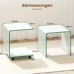 Beistelltisch aus Gehärtetem Glas mit Rollen C-Form Glastisch Nachttisch Sofatisch Kaffeetisch Weiß