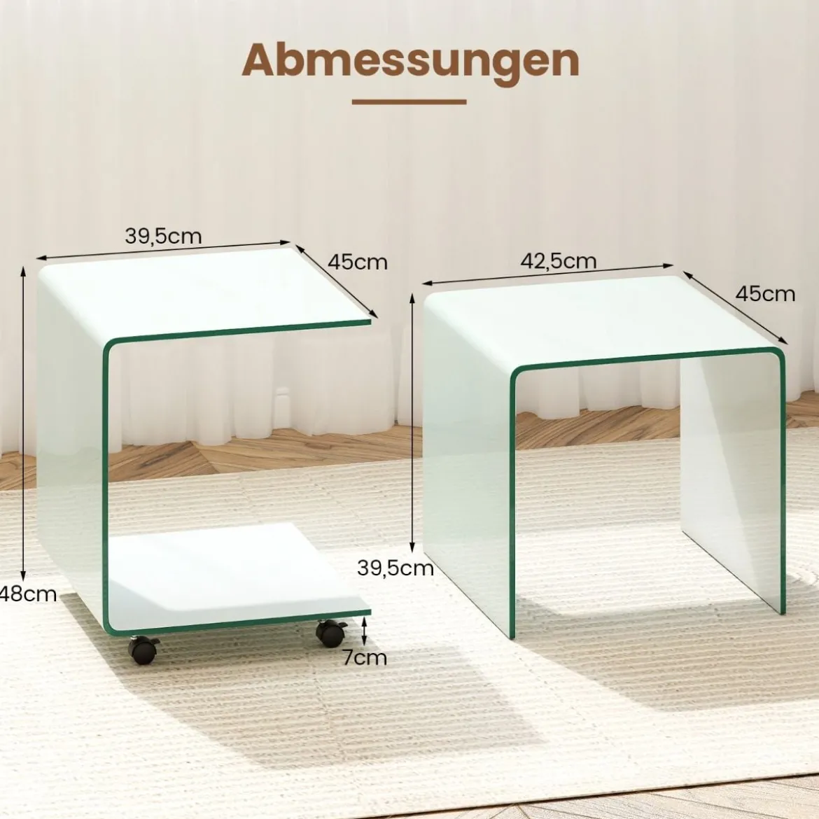 Beistelltisch aus Gehärtetem Glas mit Rollen C-Form Glastisch Nachttisch Sofatisch Kaffeetisch Weiß