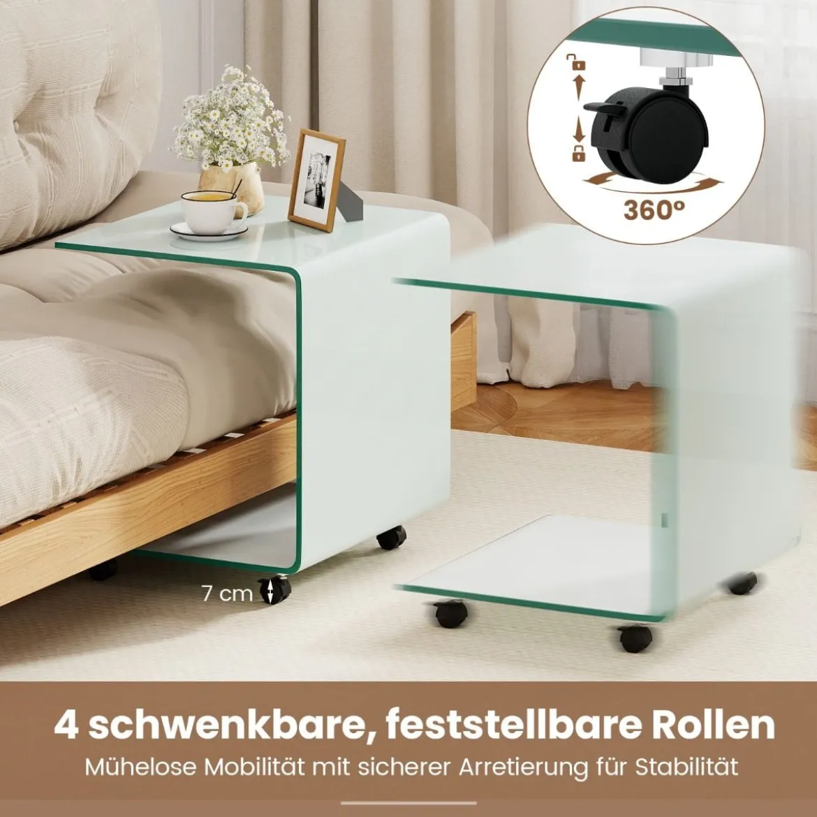 Beistelltisch aus Gehärtetem Glas mit Rollen C-Form Glastisch Nachttisch Sofatisch Kaffeetisch Weiß
