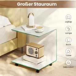 Beistelltisch aus Gehärtetem Glas mit Rollen C-Form Glastisch Nachttisch Sofatisch Kaffeetisch Weiß