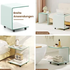 Beistelltisch aus Gehärtetem Glas mit Rollen C-Form Glastisch Nachttisch Sofatisch Kaffeetisch Weiß