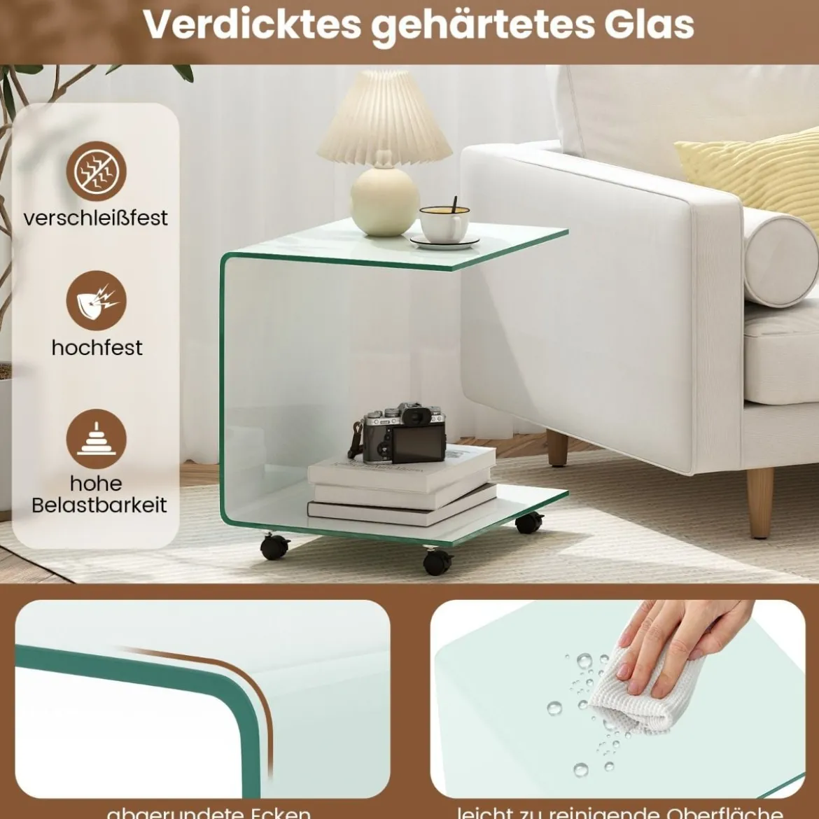 Beistelltisch aus Gehärtetem Glas mit Rollen C-Form Glastisch Nachttisch Sofatisch Kaffeetisch Weiß