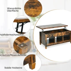 Beistelltisch aus Holz Couchtisch höhenverstellbar Sofatisch mit Stauraum 104,5 x 49 x 48-62,5 cm Kaffee