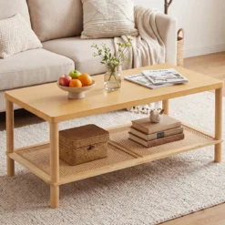 Beistelltisch aus Holz Rechteckiger Wohnzimmertisch mit Rattanablage Couchtisch mit Verstellbaren Füßen Natur