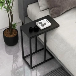 Beistelltisch C-Form Sofatisch mit Metallgestell Kaffeetisch für Wohnzimmer Rustikales Braun/Grau/Schwarz