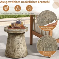 Beistelltisch drinnen & draußen pilzförmiger Pflanzenständer holzähnlicher Hocker wetterfester Tisch aus Naturstein mit Holzmaserung Natur