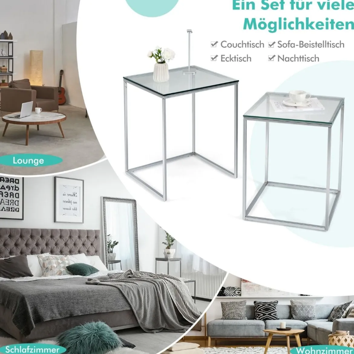 Beistelltische 2er Tischset aus Glas mit Kunstglasplatte