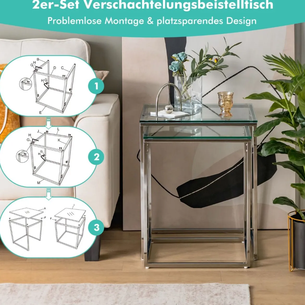 Beistelltische 2er Tischset aus Glas mit Kunstglasplatte