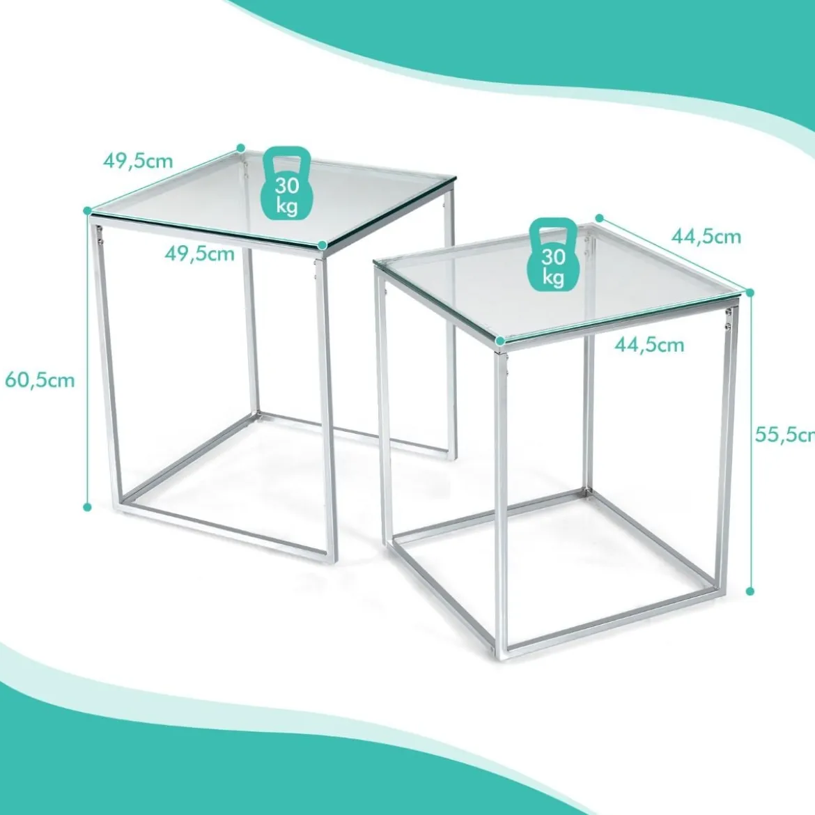 Beistelltische 2er Tischset aus Glas mit Kunstglasplatte