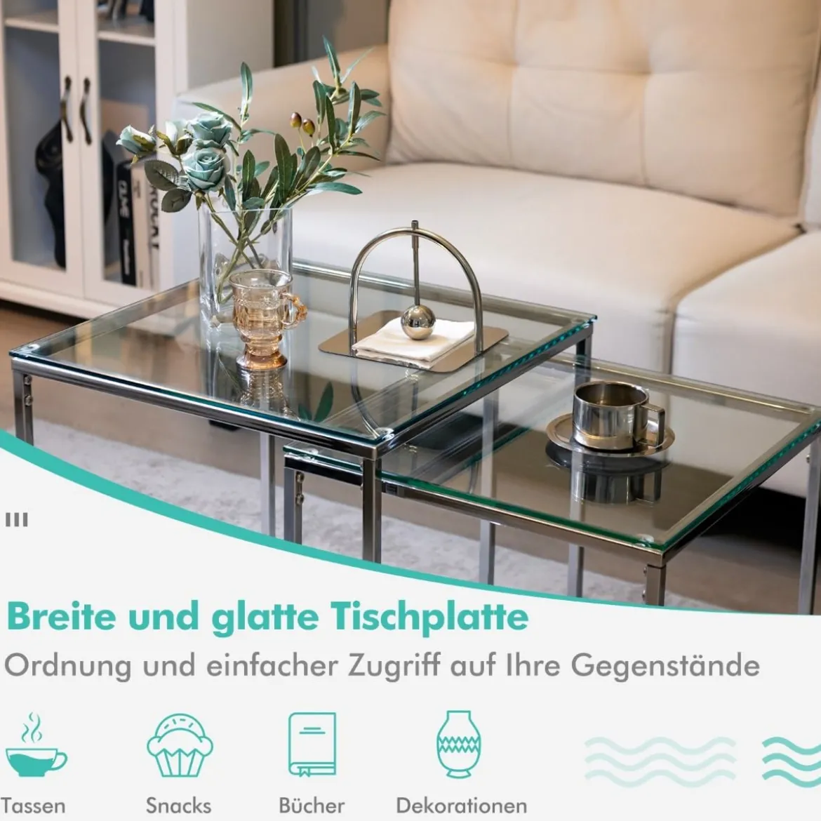Beistelltische 2er Tischset aus Glas mit Kunstglasplatte