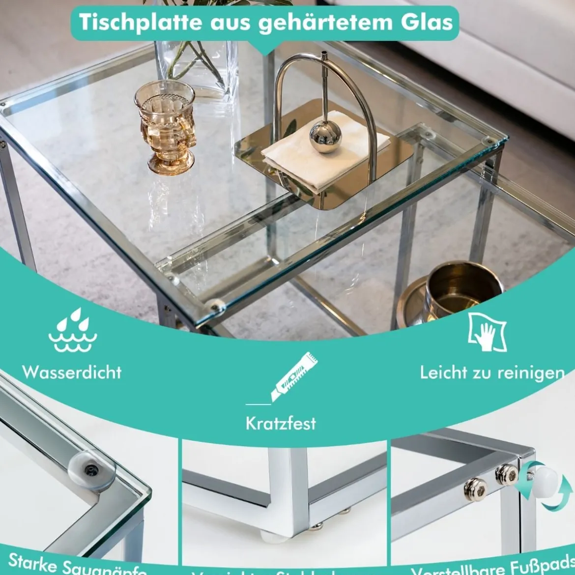 Beistelltische 2er Tischset aus Glas mit Kunstglasplatte