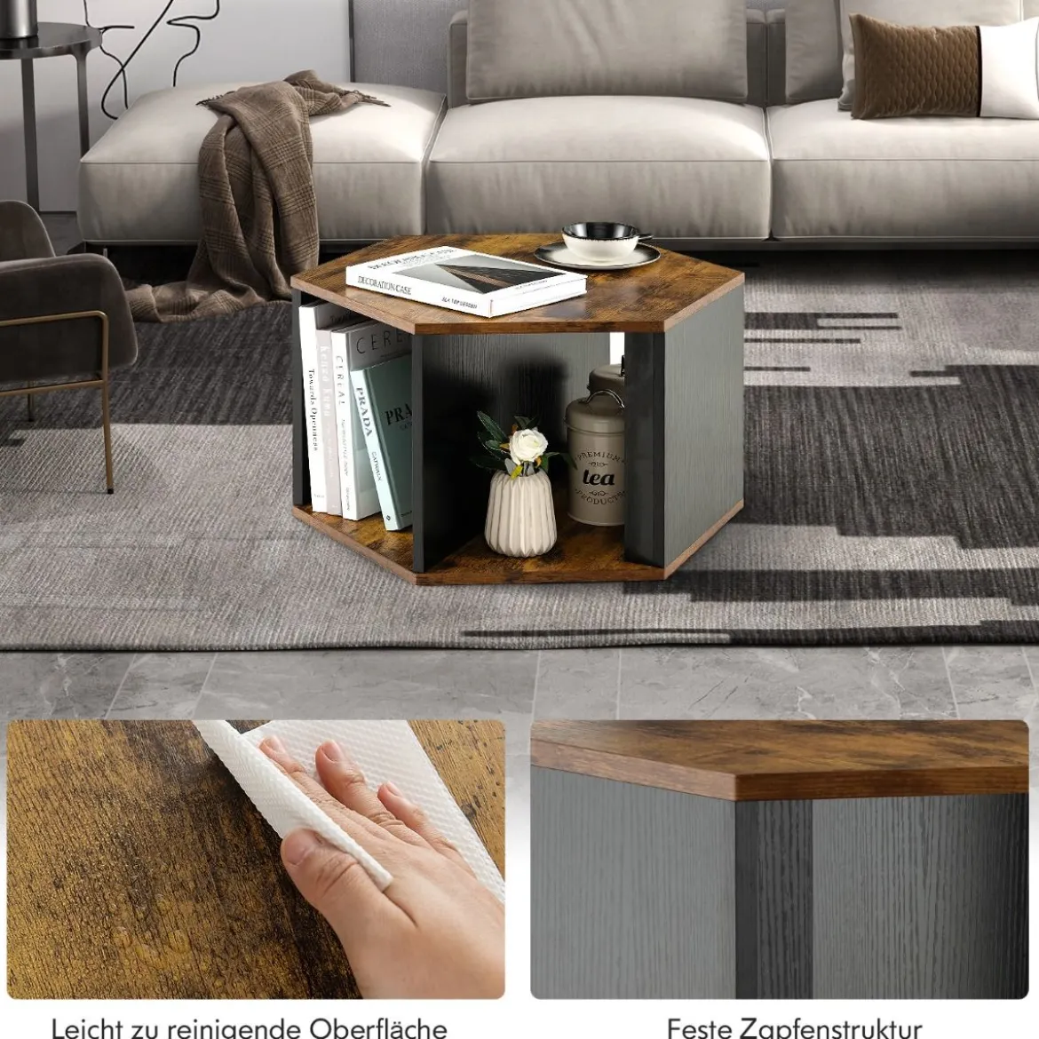 Beistelltischen Set aus 2 Sechseckigen Couchtischen Schwarz + Braun