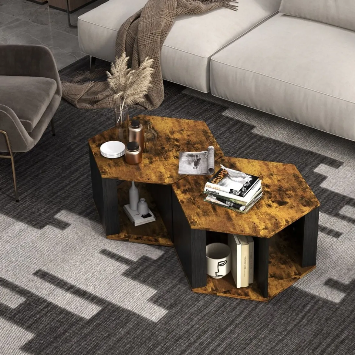 Beistelltischen Set aus 2 Sechseckigen Couchtischen Schwarz + Braun