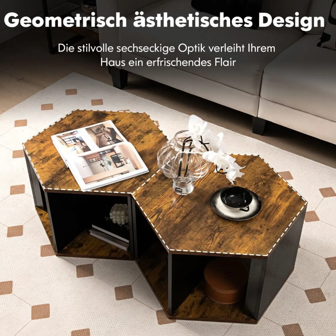 Beistelltischen Set aus 2 Sechseckigen Couchtischen Schwarz + Braun