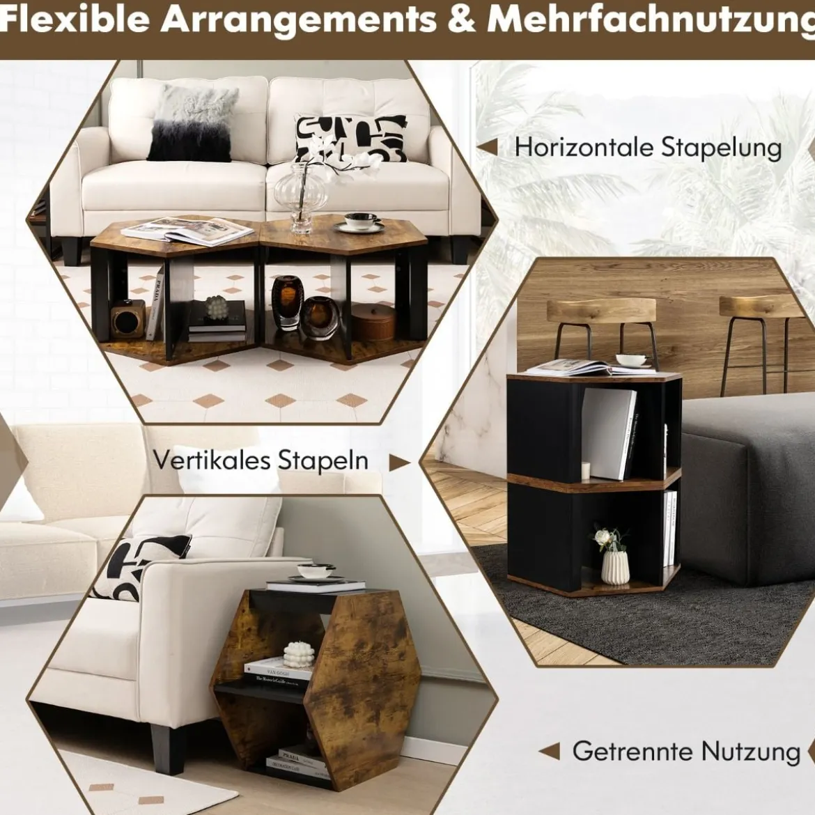 Beistelltischen Set aus 2 Sechseckigen Couchtischen Schwarz + Braun