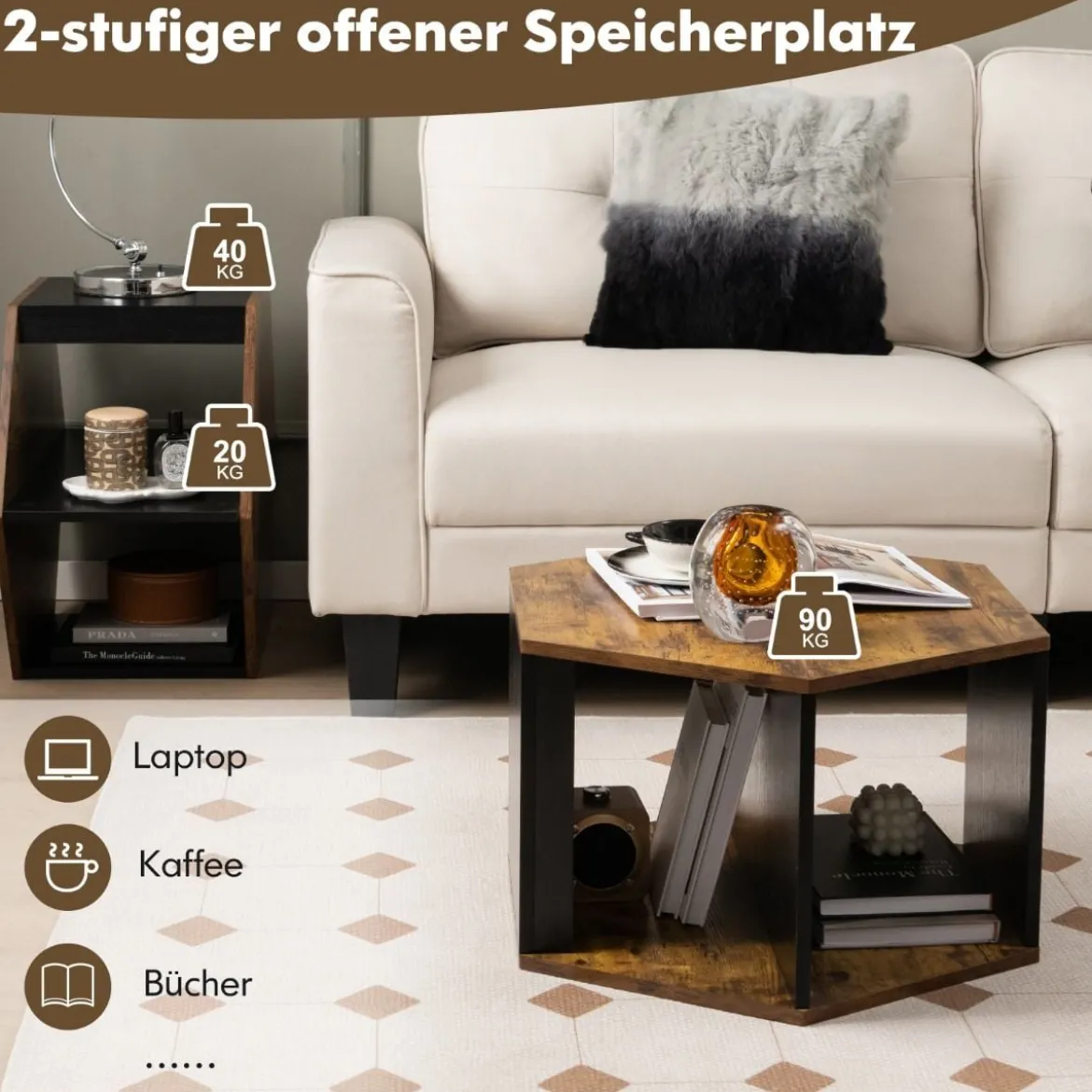 Beistelltischen Set aus 2 Sechseckigen Couchtischen Schwarz + Braun