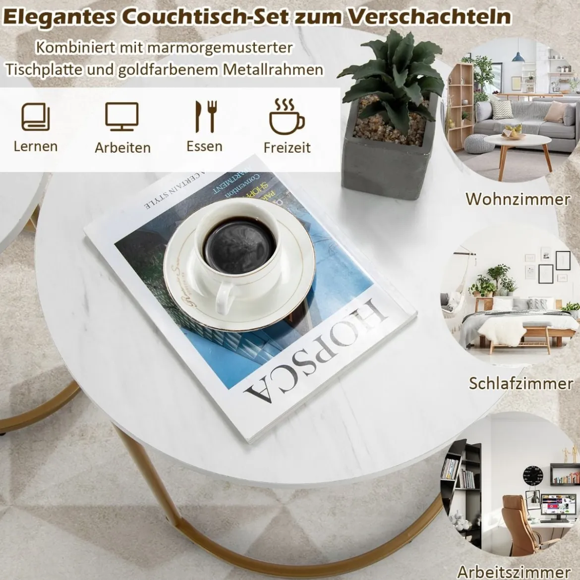 Beistelltisch 2er Set Couchtisch mit Marmoroptik Kaffeetische Satz