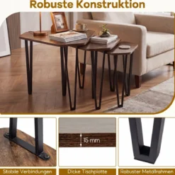 Beistelltisch 3er Set Verschachtelter Couchtisch in 3 Größen Satztisch mit Beinen aus Stahl Braun