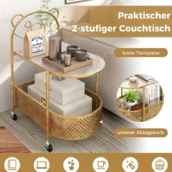 Beistelltisch Glas mit Rollen 2-stufiger Glastisch mit Bärenmuster 60 x 40 x 76 cm Gold/Weiß