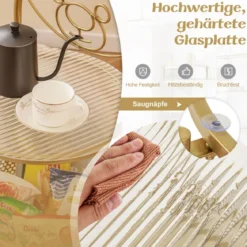 Beistelltisch Glas mit Rollen 2-stufiger Glastisch rund mit Bärenmuster Gold/Weiß