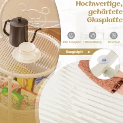 Beistelltisch Glas mit Rollen 2-stufiger Glastisch rund mit Bärenmuster Gold/Weiß