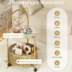 Beistelltisch Glas mit Rollen 2-stufiger Glastisch rund mit Bärenmuster Gold/Weiß